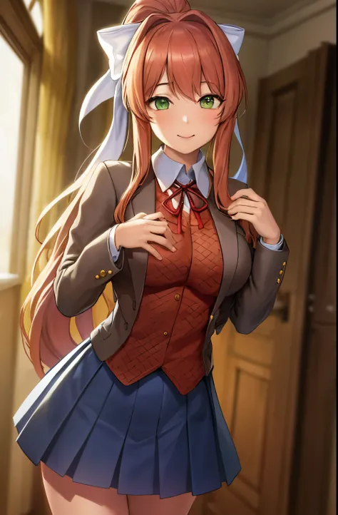 Masterpiece, realistic, 2d, (masterpiece, best quality, beautiful quality, looking at viewer, detailed lighting, 8k:1.1), (a picture of a woman, hand on face, light smile, looking at viewer, big room, solo, 1girl:1.1), monika, green eyes, brown hair, very ...