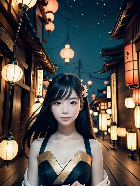 Create a creative and fantastical illustration featuring a Japanese woman embodying both traditional elegance and modern grace. She should have long, dark, lustrous hair that flows like the night sky and large, deep, enigmatic eyes that reflect wisdom and ...