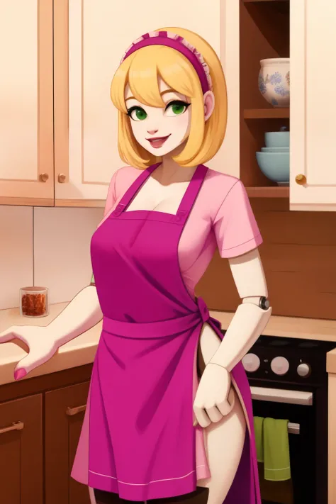 robot housewife, blonde hair, pink shirt, pink hairband, green-white plaid apron