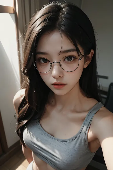 ８K de、master piece、cinematic、20-year-old woman、black hair、straight hair、long hair、A Gray Sports Bra、Only gray sports shorts、small breasts、thin woman、exposing chest、small breastsを強調、mole、freckles、Glasses、Not too beautiful、slimming、black Glasses stock、slende...