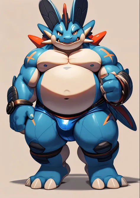 Blue genitalia，alone，male，chubby，Fat minora，Shirtless，victory pose， alone， detailed， high resolution，， masterpiece，Excessive obesity，Obesity in the extremities，Lift your feet，foot in the air，correct body proportions，overweight，briefig bulge，Swampert，Naked，...