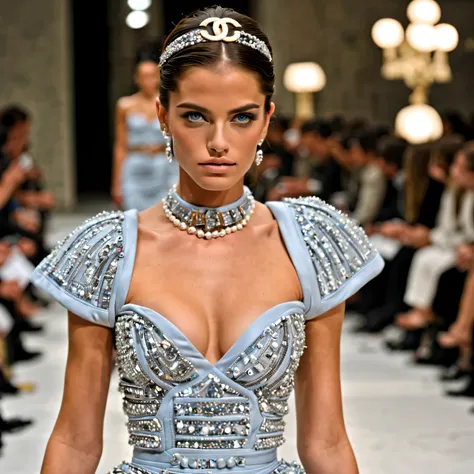 masterpiece, 1 extremely beautiful girl in a sexy haute couture Chanel outfit on a catwalk at a very high class fashion event in Milan, the girl is 20 years old, detailed eye, brunette with blue undertones, curve cut hairstyle, top-quality, high resolution...