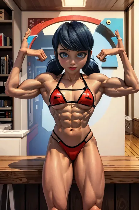 ((flexing back)) (from behind.),(red bikini.),(bluebell eyes, light scarlet lipstick and medium-length black hair with blue reflections that she usually wears back in two pigtails with red hair ties),(looking at viewers), high contrast, (8K UHD:1.2), (phot...