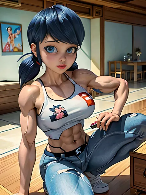 ((open legs biceps flexing)),(she wears a navy blue three-quarter length sleeved shirt with white horizontal stripes on her torso which slowly fade into grey. On her lower half, she wears a pair of blue capri jeans. On her feet, Marinette wears red espadri...