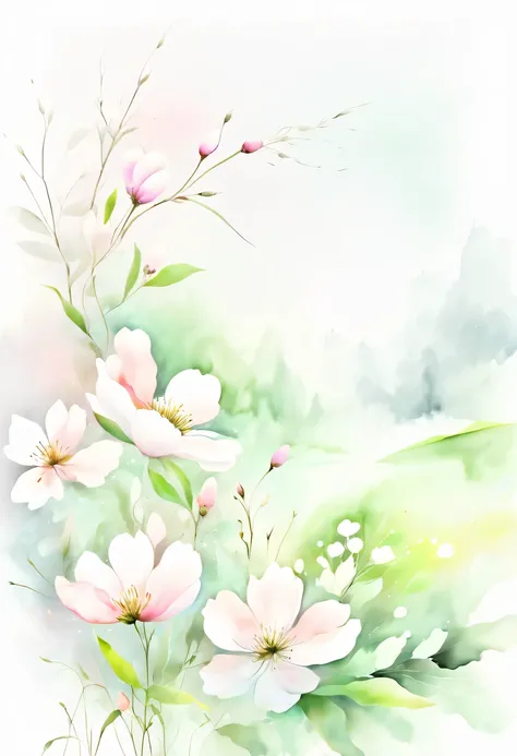 pastel tones,Light style,cozy calm,nature,warm and comfortable,garden,This watercolor floral painting shows a beautiful scene of wildflowers and peach blossoms in a field。The screen is dominated by a white background,Highlights the bright colors of flowers...