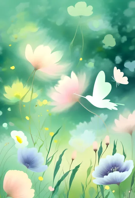 pastel tones，Light style，cozy calm，nature，warm and comfortable，garden，This watercolor floral painting shows a beautiful scene of wildflowers and peach blossoms in a field。The screen is dominated by a white background，Highlights the bright colors of flowers...