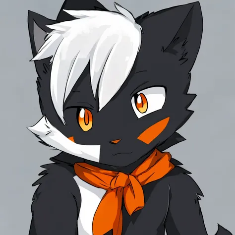 Cartoon white haired black cat with blue and orange eyes