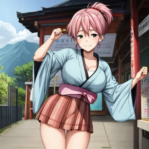 anime girl in kimono outfit posing in front of a pagoda, haruno sakura, ayaka genshin impact, thicc, huge breast,shirabii, sakur...