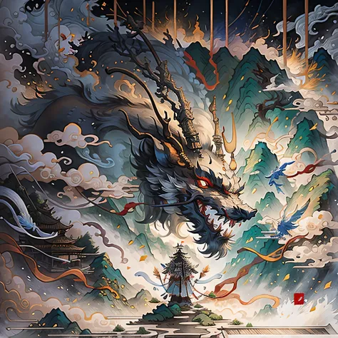 Samurai standing on the mountain with sword, chinesedragon，An ancient Chinese painting， ancient chinese background， mountain ranges， rios， Auspicious clouds， Pavilions， rays of sunshine， tmasterpiece， super detailing， Epic composition， hyper HD， high qulit...