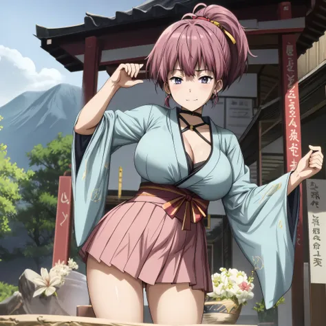 anime girl in kimono outfit posing in front of a pagoda, haruno sakura, ayaka genshin impact, thicc, huge breast,shirabii, sakur...