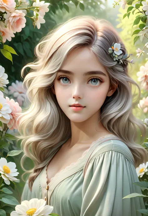 (best quality,highres,masterpiece:1.2),ultra-detailed,realistic,(soft and gentle color tones,subtle color palette:1.1),peaceful atmosphere,serene environment,harmonious blend of nature,comfortable and cozy setting,garden,beautiful girl