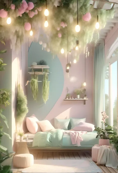 pastel tones，light style，cozy calm，nature，warm and comfortable，garden，beauty