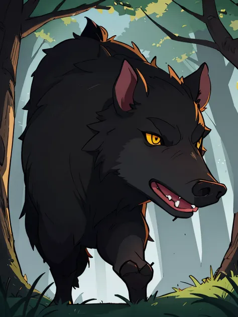 wicked, black boar, with yellow eyes, big fangs, In the woods,  head in profile, long fangs, Closed mouth