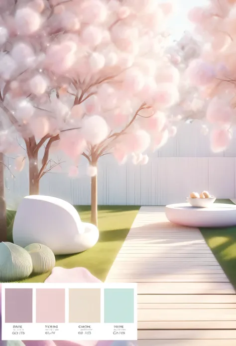 pastel tones，Light style，cozy calm，nature，warm and comfortable，garden，