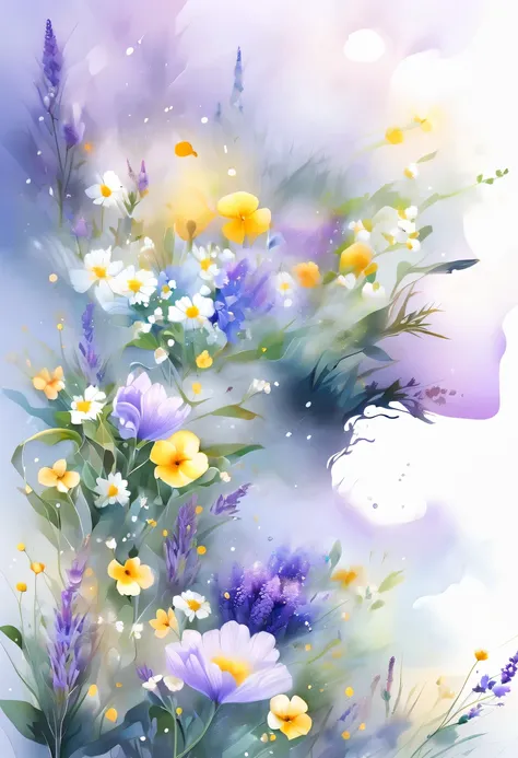 柔和色调，淡雅风格，舒适宁静，自然，温馨舒适，花园，This watercolor flower painting shows an elegant and fresh visual effect。Fields of wildflowers and lavender，Forming the perfect combination of nature and romance。The screen is dominated by a white background，Highlight isolated wat...