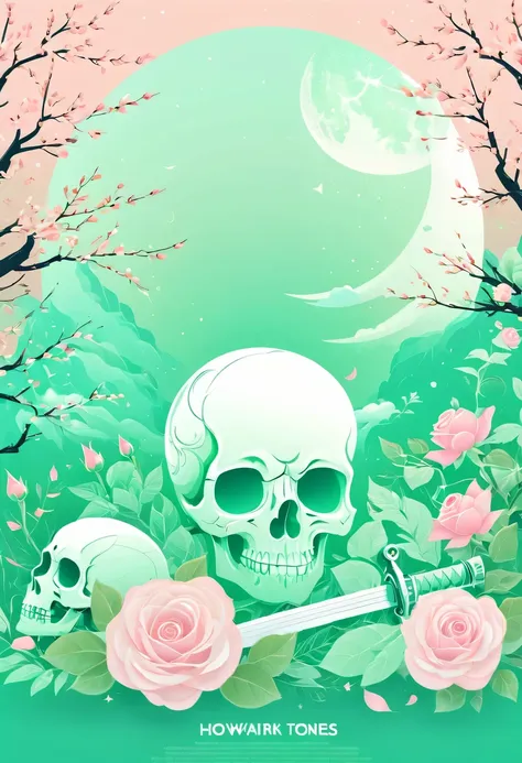 pastel tones，Light style，cozy calm，nature，warm and comfortable，garden，Phonograph record，poster，poster，cover illustration，character，huge, Eye-catching title text,1 moon，Romantic light green skull and light sword，anatomically correct, Exquisite pattern，Orien...