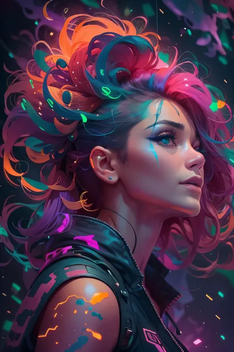 a stunning woman with vibrant neon hair, glowing in the midst of galaxy formations, painted by david diaz and sakimichan, detail...