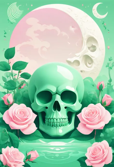 pastel tones，Light style，cozy calm，nature，warm and comfortable，garden，Phonograph record，poster，poster，cover illustration，character，huge, Eye-catching title text,1 moon，Romantic light green skull and light sword，anatomically correct, Exquisite pattern，Orien...