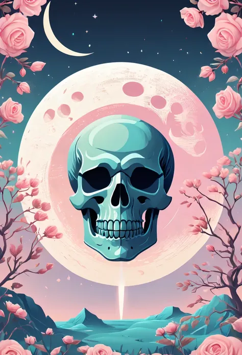 pastel tones，Light style，cozy calm，nature，warm and comfortable，garden，Phonograph record，poster，poster，cover illustration，character，huge, Eye-catching title text,1 moon，romantic skull sword，anatomically correct, Exquisite pattern，Oriental elements， Clean co...