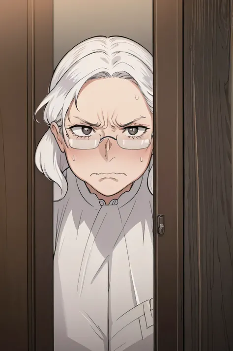 white haired girl, mother hair, mother body, plump, old woman, old clothes, black glasses, angry look, angry face, screaming mou...