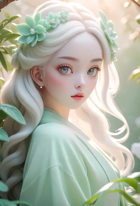 pastel tones，Light style，cozy calm，nature，warm and comfortable，garden，Beauty，jade Sculpture,jade,realistic,1 girl,hair ornament,close up shot,pure white skin,cinematic light,