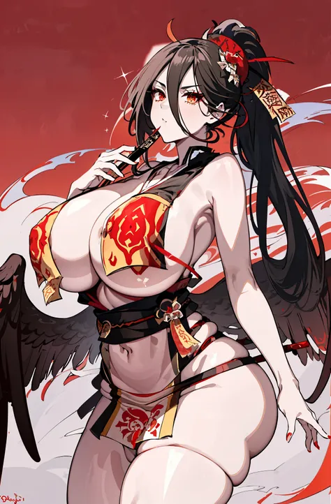 (best quality, masterpiece), (beautiful and aesthetic:1.2), Black Hair, Ponytail,Red Eyeshadow,Red Eyeliner: 1.2, Black wings extending from the waist,vibrant colors 1girl,  ofuda, (ofuda on nipples:1.4) extreme detailed, highest detailed, centered,(Coloss...