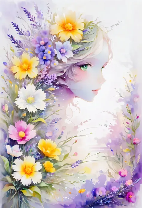 柔和色调，淡雅风格，舒适宁静，自然，温馨舒适，花园，this watercolor flower painting shows an elegant and fresh visual effect。fields of wildflowers and lav...