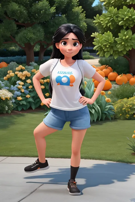 Create a Disney Pixar-style character of a thin, radiant, thin 31-year-old woman, with long black hair tied up, wearing a white blouse with orange short sleeves, denim shorts and black sneakers, with a lawn scene in the background.