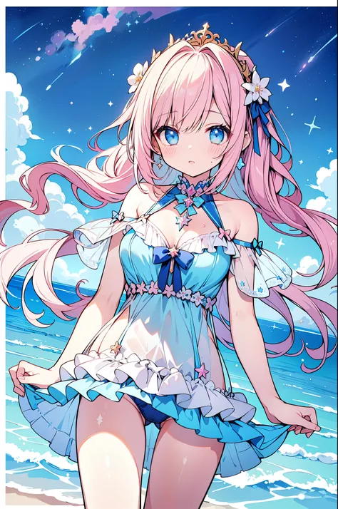 （masterpiece）、(highest quality)、((Super detailed))、(super delicate)、Cute naughty swimsuit idol、Pastel colors hair、beautiful breasts、Thighs、Gorgeous、Fantastic starry sky、beautiful sea、Wet and see-through