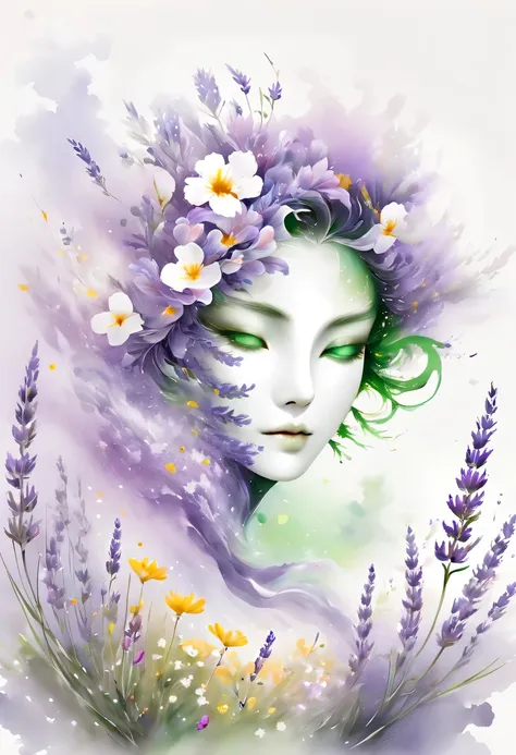 柔和色调，淡雅风格，舒适宁静，自然，温馨舒适，花园，this watercolor flower painting shows an elegant and fresh visual effect。fields of wildflowers and lav...