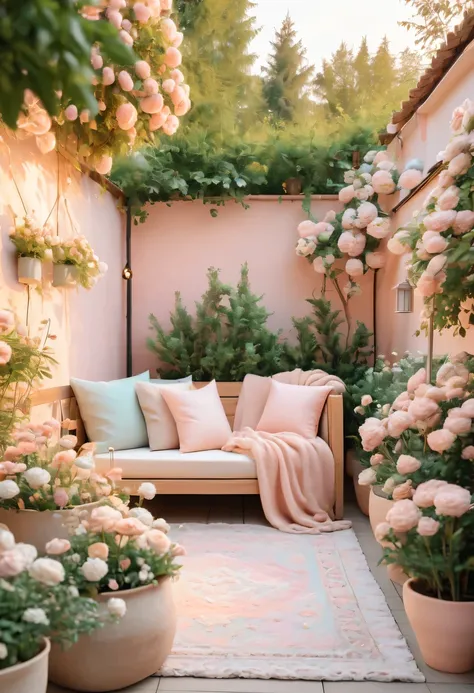 pastel tones，Light style，cozy calm，nature，warm and comfortable，garden，Beauty