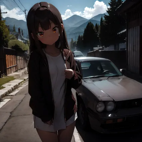 anime style, 1 girl, 16 years old, 159 cm tall, brown long hair, brown eyes, slender body, b cup chest, silver 1973 nissan (kpgc...