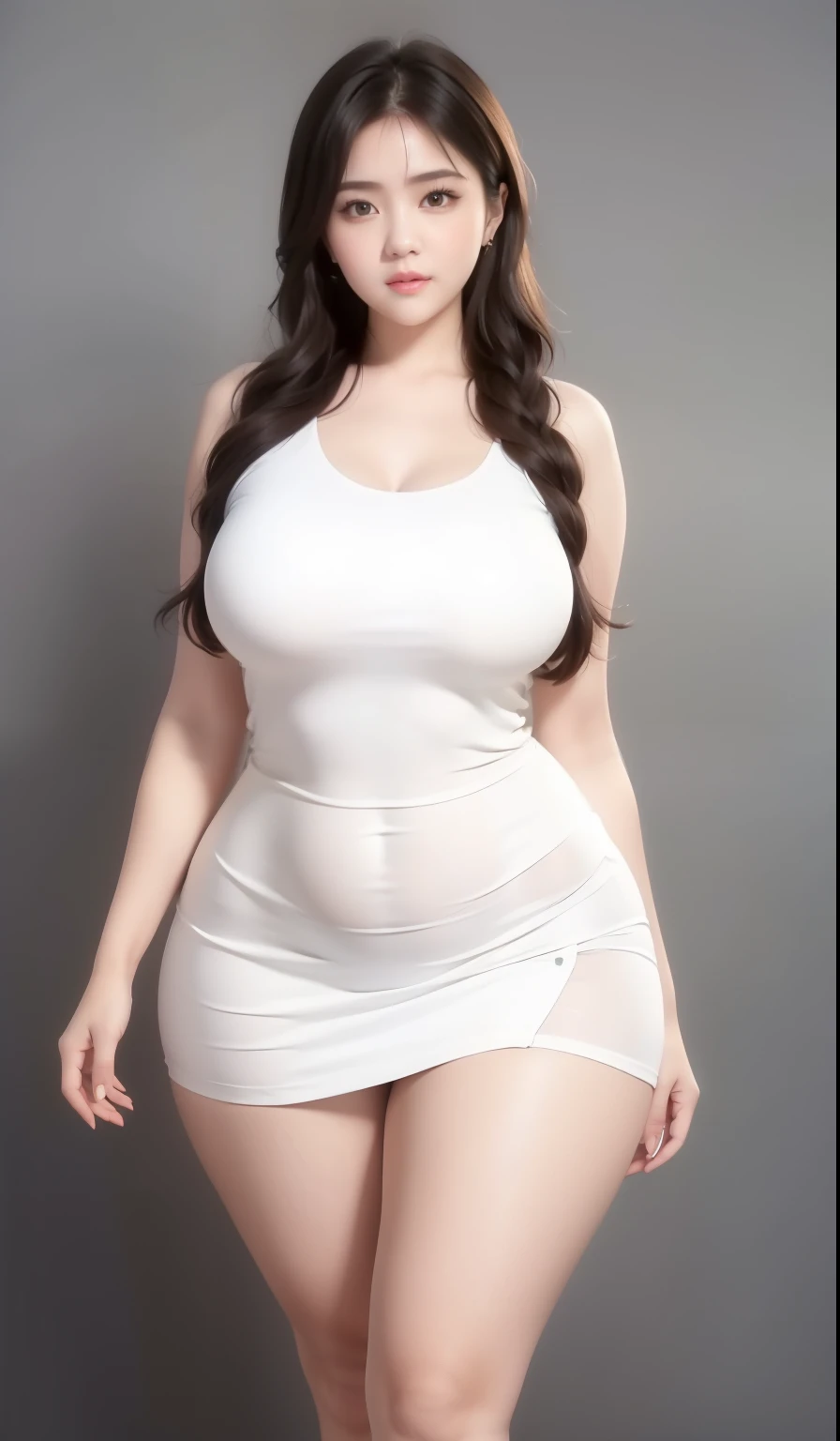 a woman in a skirt posing for a picture, curvy hourglass figure, wearing tight simple clothes, good hips and long legs, curvy model, very sexy outfit, perfectly proportioned, thick legs, thick body, seductively looking in front, massive legs towering over ...