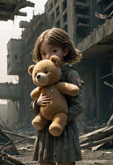 a  girl, holding a teddy bear, standing in a nuclear wasteland. the once bustling city is now in ruins, ruined buildings and aba...