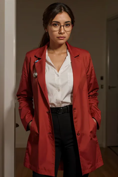 extremely high quality, realismo, female doctor, red medical coat with eye glasses 