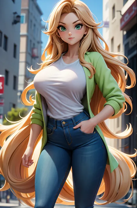 high stature, long hair light chestnut tone, big and almond eyes, intense green eyes, slender and elegant figure, wear jeans, a pastel blouse with a pastel colored and a bump jacket, he combined his attire with white sneakers, big boobs