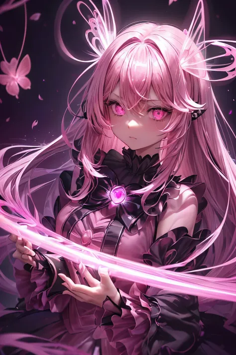 masterpiece, highest quality,(figure:1.0), 1 girl, (Gothic Lolita:1.2), (Black big wings:1.3),(((bioluminescence照明, pink light:1.5 ,pink lighting:1.5, shades of pink:1.5))) , (empty eyes:1.8, crazy eyes:1.3, Dark pupils:1.4), Glowing with black eyes, The s...