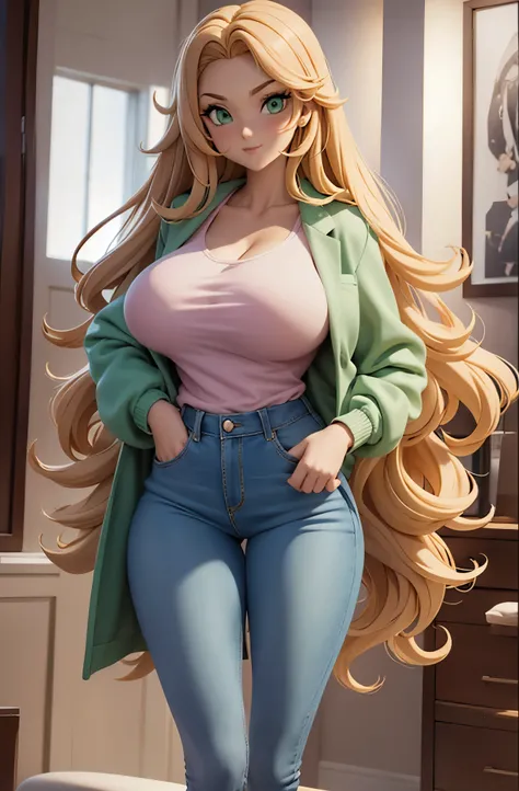 high stature, long hair light chestnut tone, big and almond eyes, intense green eyes, slender and elegant figure, wear jeans, a pastel blouse with a pastel colored and a bump jacket, he combined his attire with white sneakers, big boobs