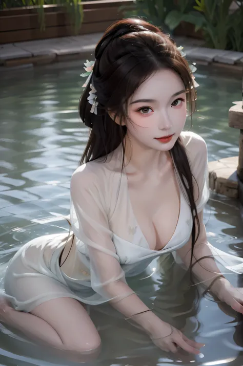 masterpiece, best quality, realistic, 8k, official art, guofeng, 1girl, solo, looking at viewer, realistic, brown hair, partially submerged, water, brown eyes, nose, smile, upper full body, sexy luxury