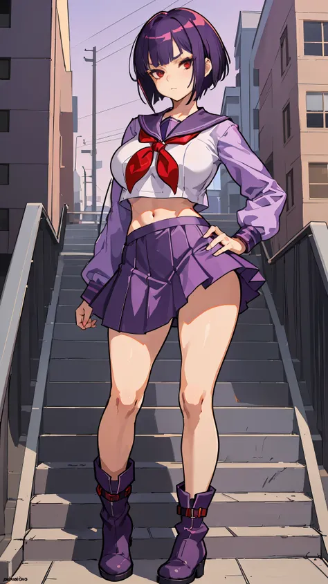 1 girl, short straight purple hair , red eyes , Sailor shirt , purple short skirt , boots, full body , sly face., Cold expression , abdomen , big breasts , stand on your hips..., walkway stairs