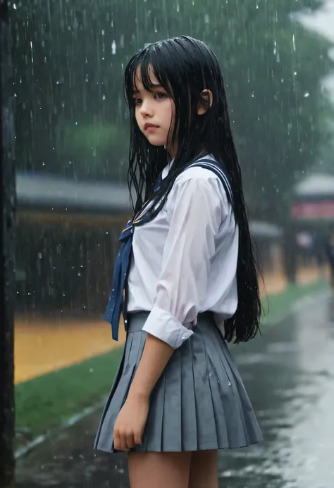 1girl, long black hair,schoolgirl uniform, shy, blush, wet, rain, transparent, (masterpiece, best quality), soft light, cinematic composition, cinematic light