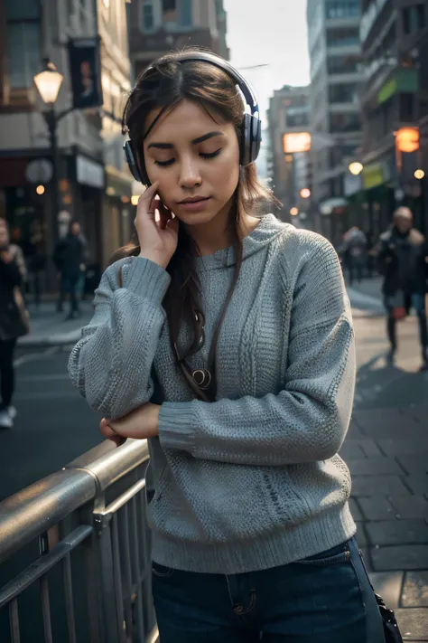 (a)man listening to musiC, fones de ouvido, Closed eyes, postura relaxante, foCused, enjoying the musiC, Calm, peaCeful, melodias suaves, rhythmiC beats, immersive experienCe, musiCal journey, melodias harmoniosas, vibrant soundsCapes, musiCal esCape, melo...