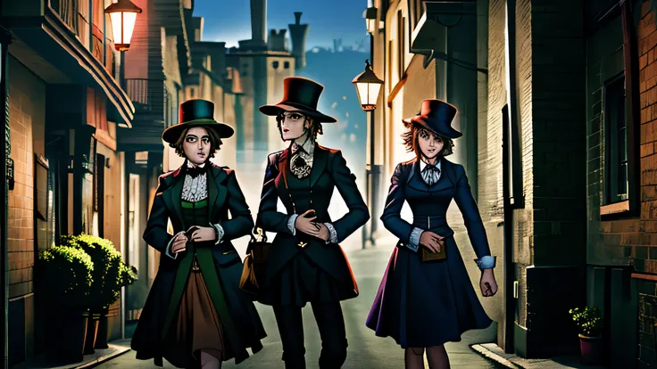 three women, half emu half human, wearing business suits, dark night, gaslight street, victorian, gothic, dark