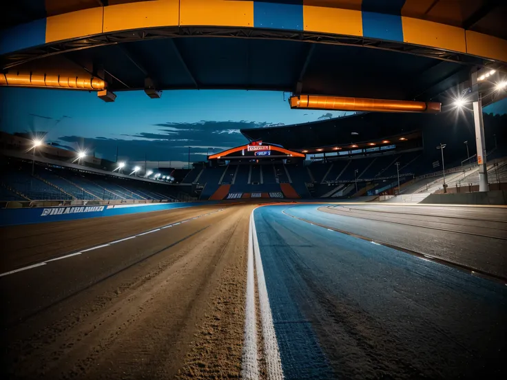 Pista de corrida real, estilo hot Wheels, pista redonda com arquibancadas, its blue, fundo azul escuro e laranja. high definition image