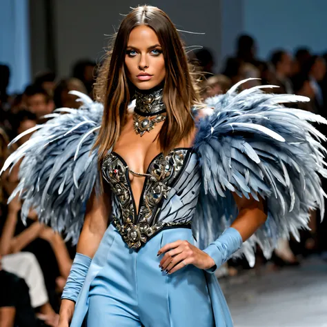 masterpiece, 1 extremely beautiful girl in an extreme outfit crow themed with feathers Haute Couture outfit on a catwalk at a very high class fashion event in Milan, the girl is 20 years old, detailed eye, brunette with blue undertones, curve cut hairstyle...