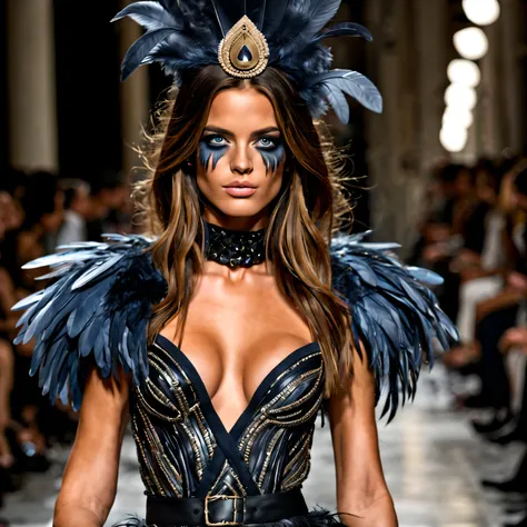 masterpiece, 1 extremely beautiful girl in an extreme outfit crow themed with feathers Haute Couture outfit on a catwalk at a very high class fashion event in Milan, the girl is 20 years old, detailed eye, brunette with blue undertones, curve cut hairstyle...