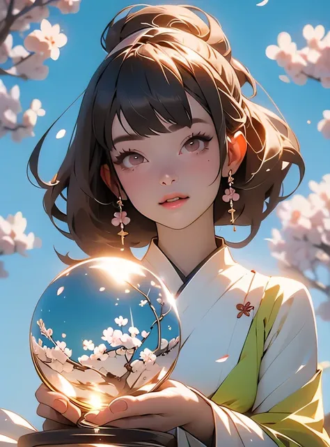 Best Quality, Masterpiece, ultra detailed,beautiful crystal ball filled with falling sakura petals and bokeh