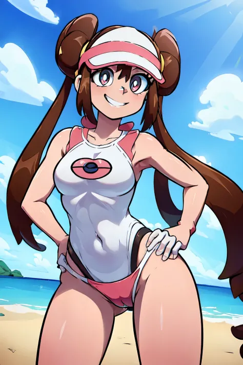 ((masterpiece,best quality)), absurdres, long hair,  ro1, hair bun, pink eyes, twintails, visor cap, nude, solo, smiling, looking at viewer, cowboy shot,  cinematic composition, contrapposto, Brown hair