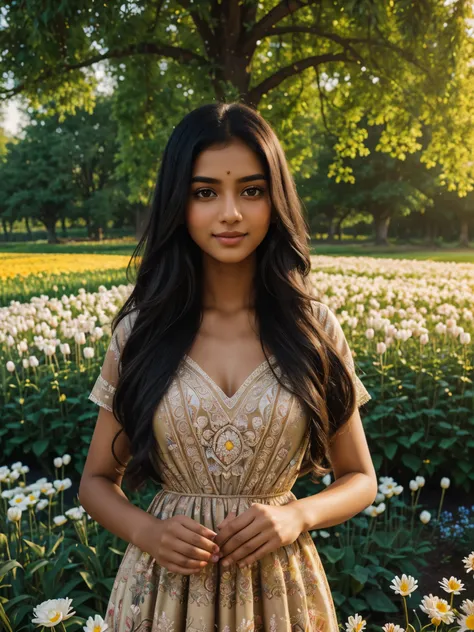 Tamil girl, long black hair, standing in the middle of a vibrant garden, wearing flowing dress with floral patterns, garden is filled with various types of flowers, such as roses, tulips, daisies, sunlight flows through the tall trees, creating a warm and ...