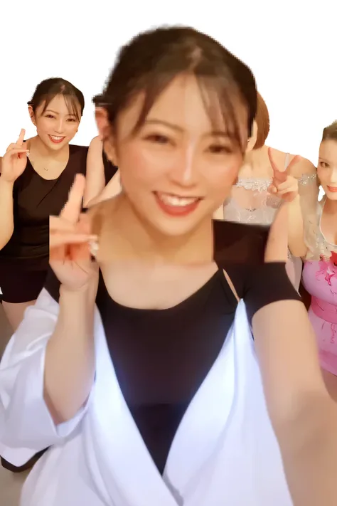 several women are posing for a picture with their fingers up, 奈良美智, けもの, various pose, harumi, shikamimi, ;open mouth, 8k!!, ayami, ayaka, close-up!!!!!!, chiho